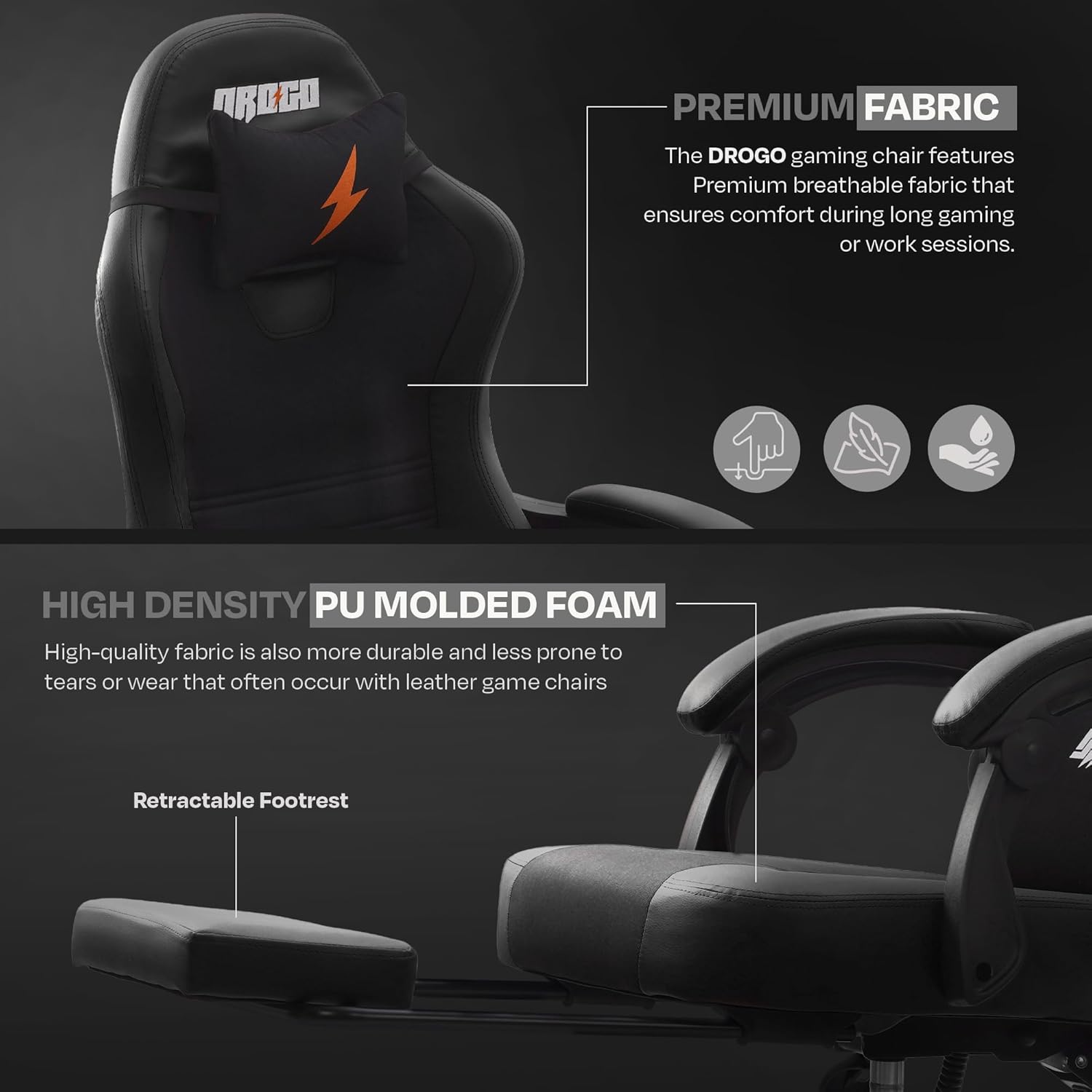 DROGO Aura Ergonomic Gaming Chair with Premium PU Leather Fabric, Linkage Armrest, Adjustable Neck & Lumbar Pillow | Computer Chair for Study | Office Chairs for Work from Home with Recline (Black)