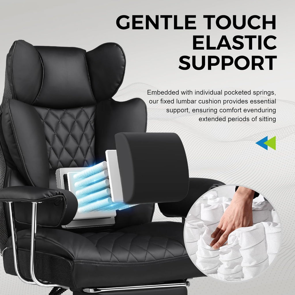 GTPLAYER Big and Tall Office Chair, High Back PU Leather Gaming Chair with Footrest, Executive Ergonomic Office Chair with Pocket Spring Lumbar Support and with Outward Fixed Soft Armrests (Black)