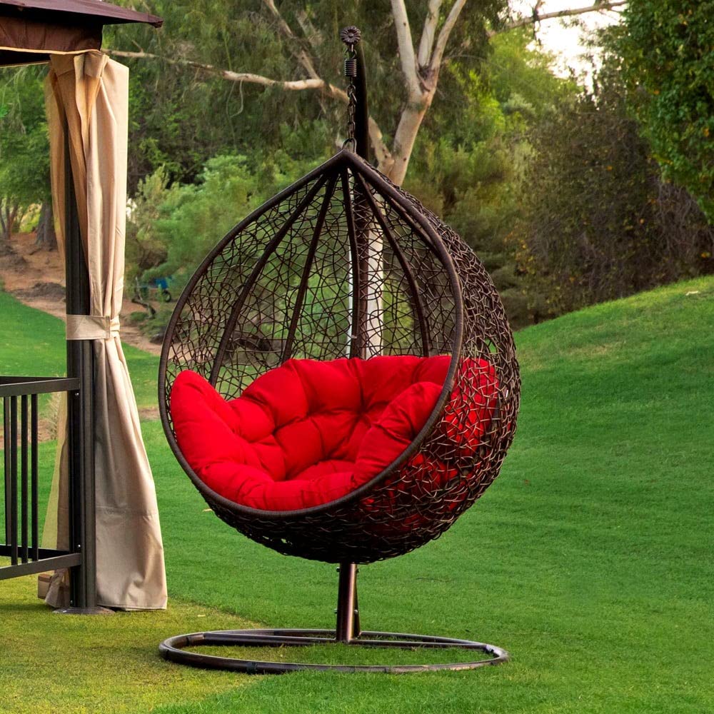 Knots Craft India Single Seater Swing Chair with Stand & Cushion Outdoor Indoor Balcony Garden Patio,Powder Coated Frame,UV Protected Wicker,Premium Cushion AF_in_038