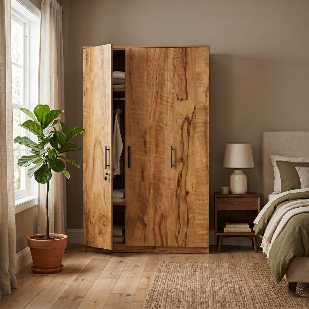 FFO Kavisto 3 Door Wardrobe for Bedroom with Shelves, Hanging Space & Lock, Wooden Clothes Organizer Almirah for Home, Office & Kids Room DIY.