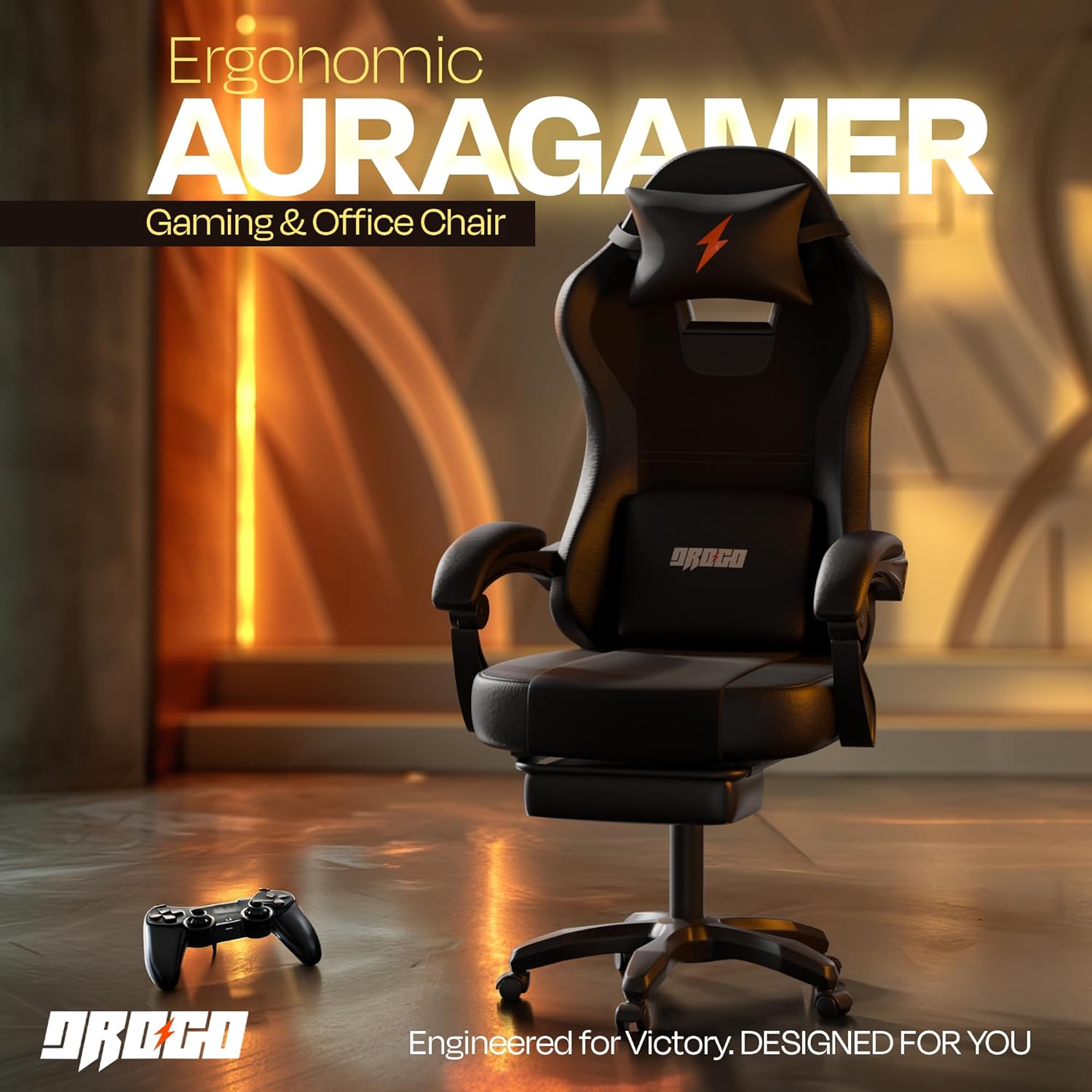 DROGO Aura Ergonomic Gaming Chair with Premium PU Leather Fabric, Linkage Armrest, Adjustable Neck & Lumbar Pillow | Computer Chair for Study | Office Chairs for Work from Home with Recline (Black)
