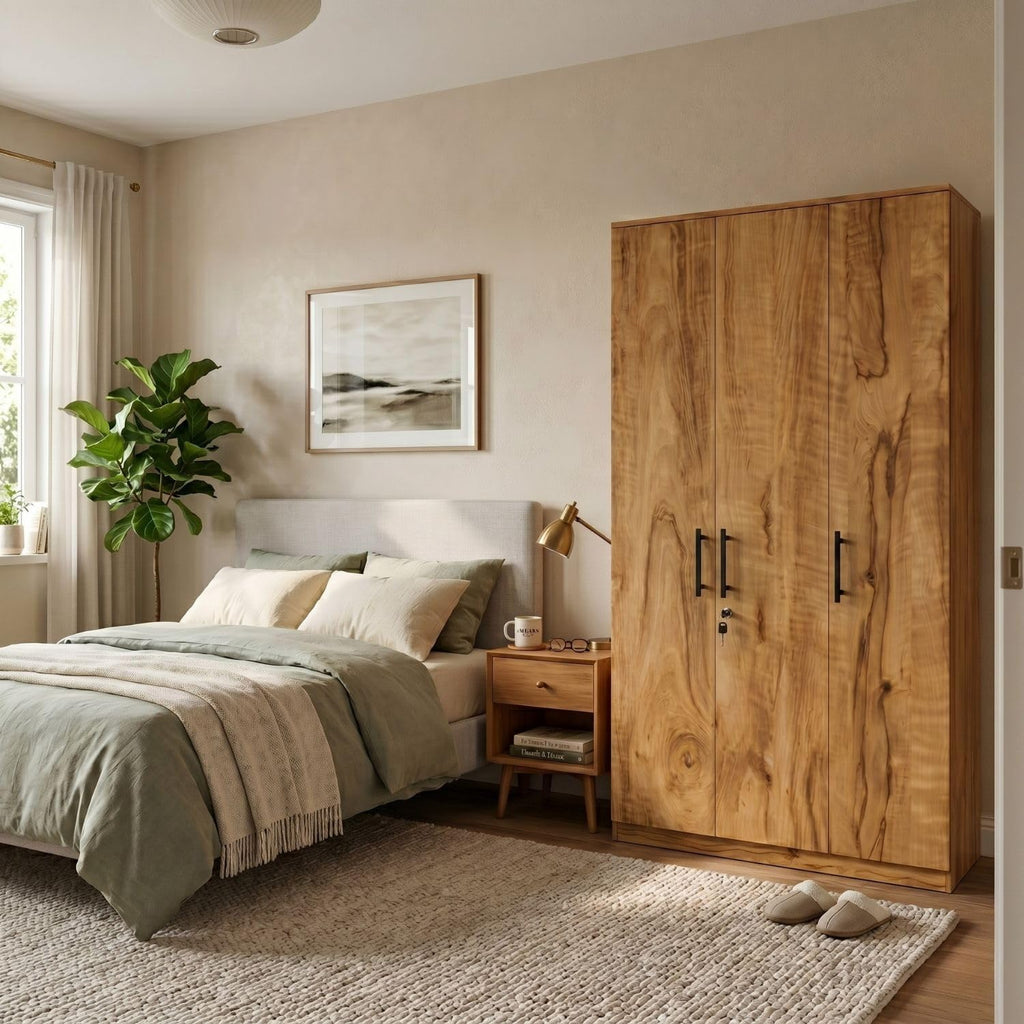 FFO Kavisto 3 Door Wardrobe for Bedroom with Shelves, Hanging Space & Lock, Wooden Clothes Organizer Almirah for Home, Office & Kids Room DIY.