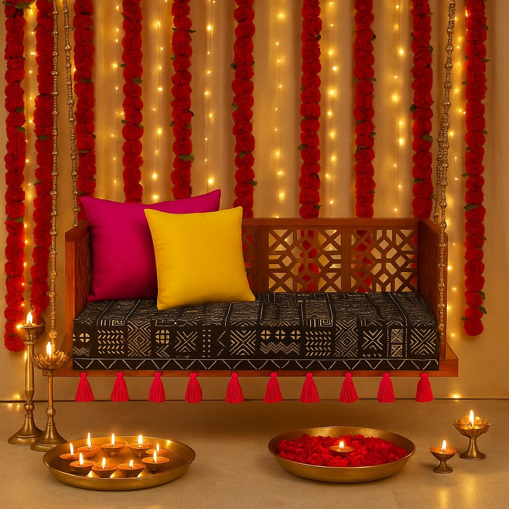 Black Tribal Wooden Swing Seat Cover with Tassels | 4 Ft Indian Jhoola Bench Cover for Indoor Outdoor Swing | Solid Wood Swing Jhula Cover for Courtyard, Verandah, Balcony, Living Room Decor