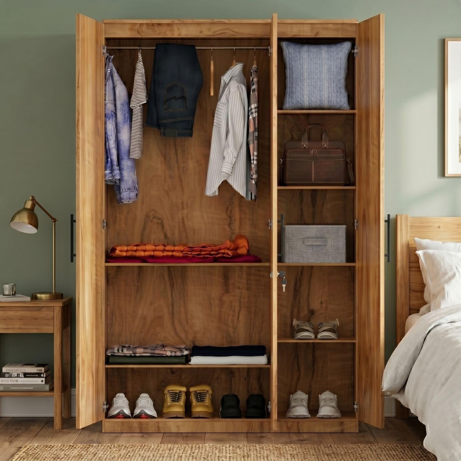 FFO Kavisto 3 Door Wardrobe for Bedroom with Shelves, Hanging Space & Lock, Wooden Clothes Organizer Almirah for Home, Office & Kids Room DIY.