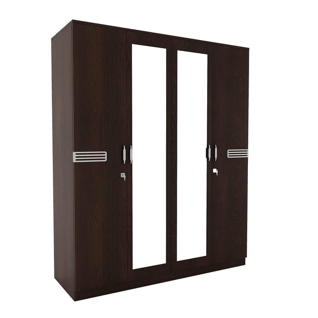 Nilkamal Riva 4 Door Wooden Wardrobe With Mirror for Bedroom | Almirah with 2 Hanging Rods, 6 Shelves, 2 Lockable Drawers | Clothes Cupboard | Engineered Wood | New Wenge