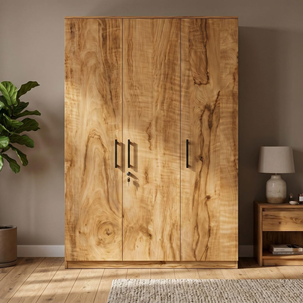 FFO Kavisto 3 Door Wardrobe for Bedroom with Shelves, Hanging Space & Lock, Wooden Clothes Organizer Almirah for Home, Office & Kids Room DIY.