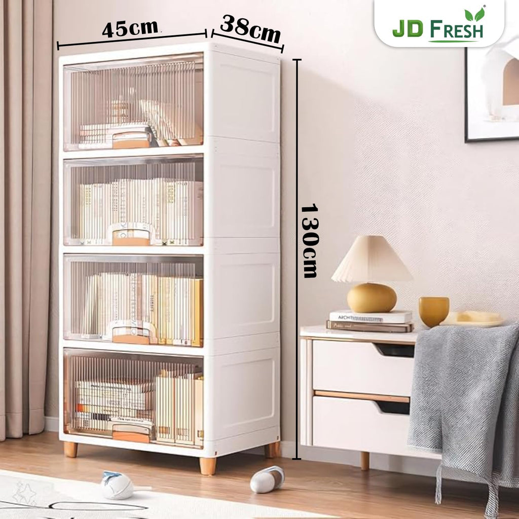JD FRESH 4 Tier Foldable Plastic Cloth Rack for Storage/Kitchen Cupboard/Versatile and Sturdy Wardrobe for Clothes/Storage Organizer/Closet for Bedroom/Living Room/Laundry Room/Study (Transparent)