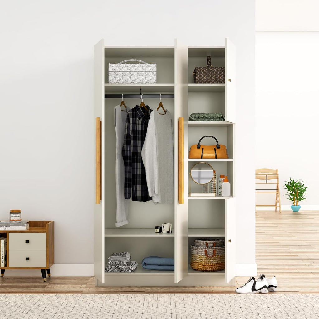 Bniture Wooden Almirah for Clothes, Door for Bedroom, 4 Door Wardrobe with Hanging Space (50D x 105W x 180H CM) |3 Year Warranty (Frosty White)
