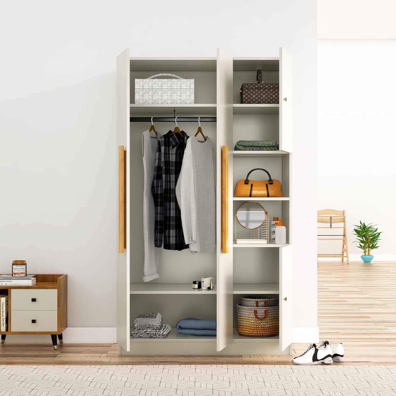 Bniture Wooden Almirah for Clothes, Door for Bedroom, 4 Door Wardrobe with Hanging Space (50D x 105W x 180H CM) |3 Year Warranty (Frosty White)
