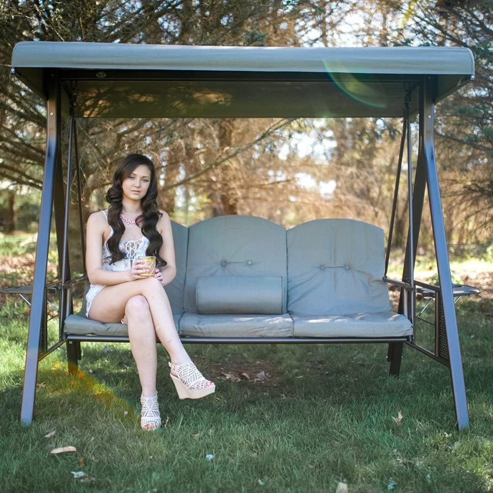 Low Carbon Steel 3 Seater Garden Swing Seat Outdoor Canopy Cushioned Bench- Brown, 127 Centimeters, 188 Centimeters (Brown)