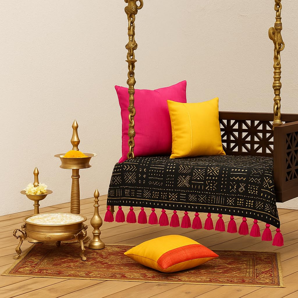 Black Tribal Wooden Swing Seat Cover with Tassels | 4 Ft Indian Jhoola Bench Cover for Indoor Outdoor Swing | Solid Wood Swing Jhula Cover for Courtyard, Verandah, Balcony, Living Room Decor