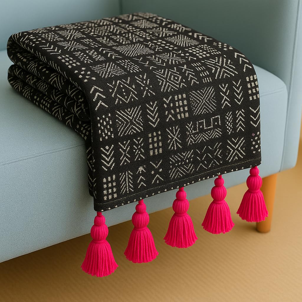 Black Tribal Wooden Swing Seat Cover with Tassels | 4 Ft Indian Jhoola Bench Cover for Indoor Outdoor Swing | Solid Wood Swing Jhula Cover for Courtyard, Verandah, Balcony, Living Room Decor