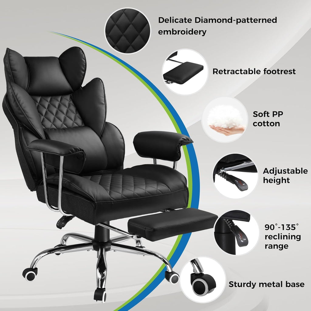 GTPLAYER Big and Tall Office Chair, High Back PU Leather Gaming Chair with Footrest, Executive Ergonomic Office Chair with Pocket Spring Lumbar Support and with Outward Fixed Soft Armrests (Black)