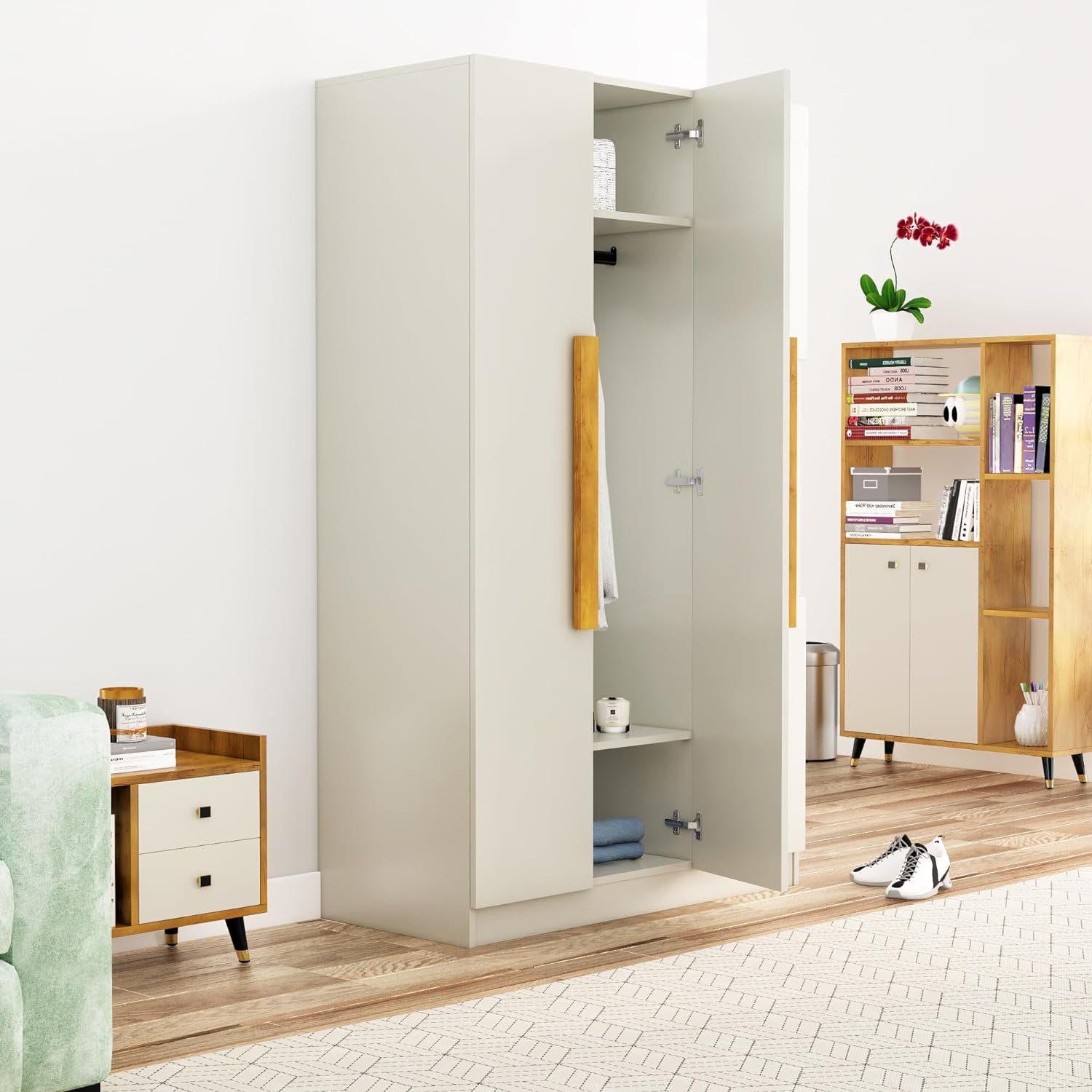 Bniture Wooden Almirah for Clothes, Door for Bedroom, 4 Door Wardrobe with Hanging Space (50D x 105W x 180H CM) |3 Year Warranty (Frosty White)