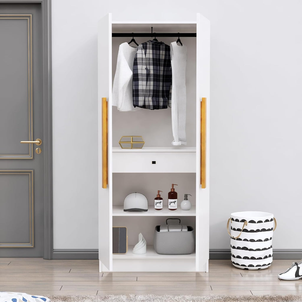 Bniture 2 Door Wooden Wardrobe for Bedroom | Almirah for Clothes with 4 Shelves, Engineered Wood Wardrobe for Clothes | Cupboard for Bedroom (46D x 80W x 182H CM) | 3 Years Warranty (Frosty White)