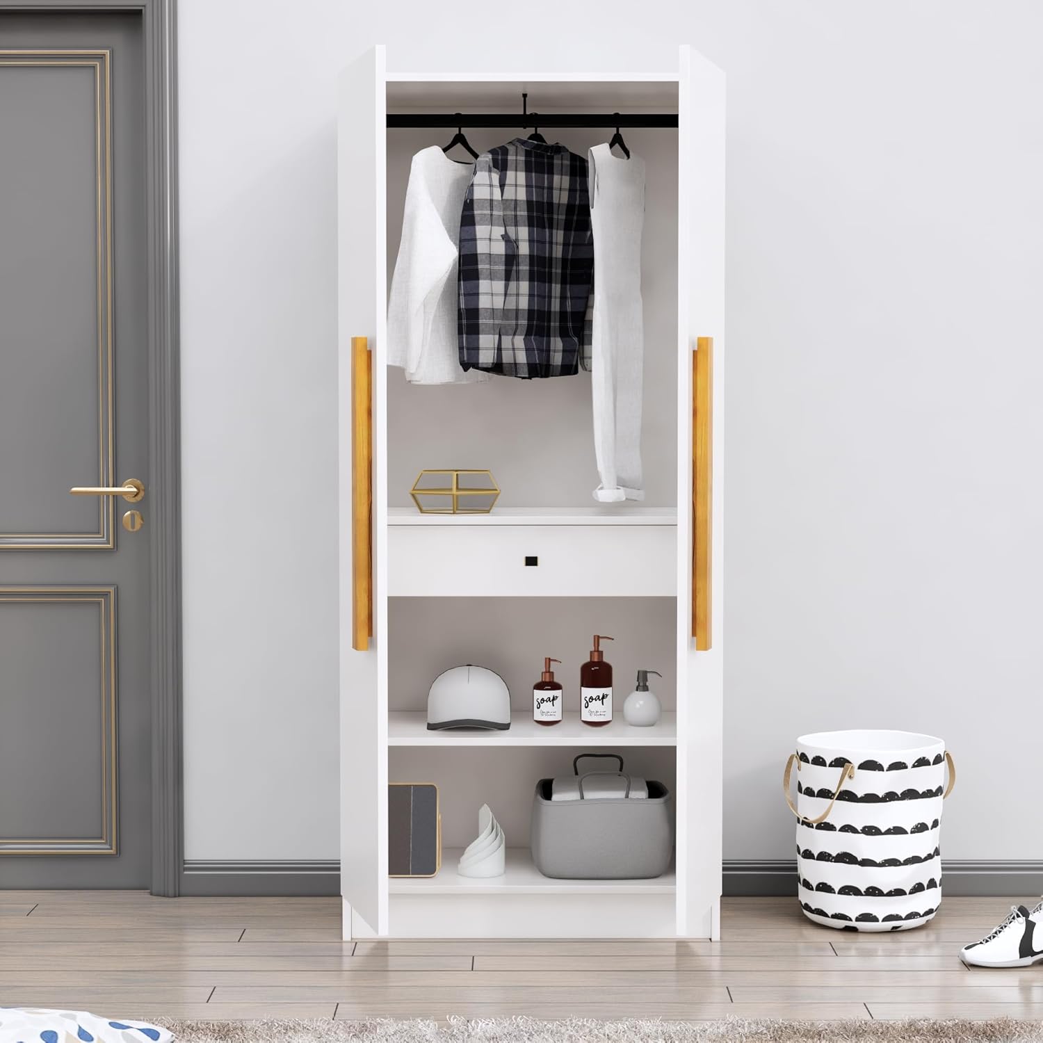 Bniture 2 Door Wooden Wardrobe for Bedroom | Almirah for Clothes with 4 Shelves, Engineered Wood Wardrobe for Clothes | Cupboard for Bedroom (46D x 80W x 182H CM) | 3 Years Warranty (Frosty White)