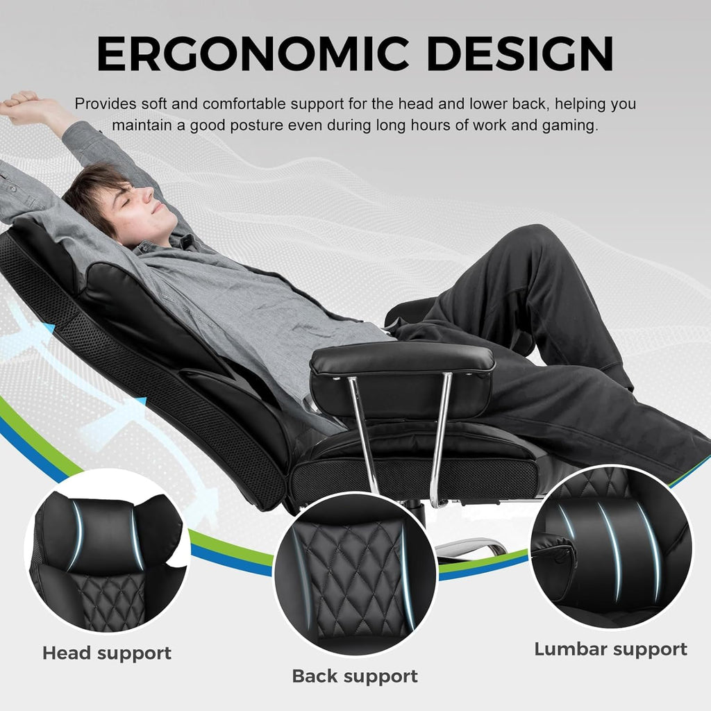 GTPLAYER Big and Tall Office Chair, High Back PU Leather Gaming Chair with Footrest, Executive Ergonomic Office Chair with Pocket Spring Lumbar Support and with Outward Fixed Soft Armrests (Black)
