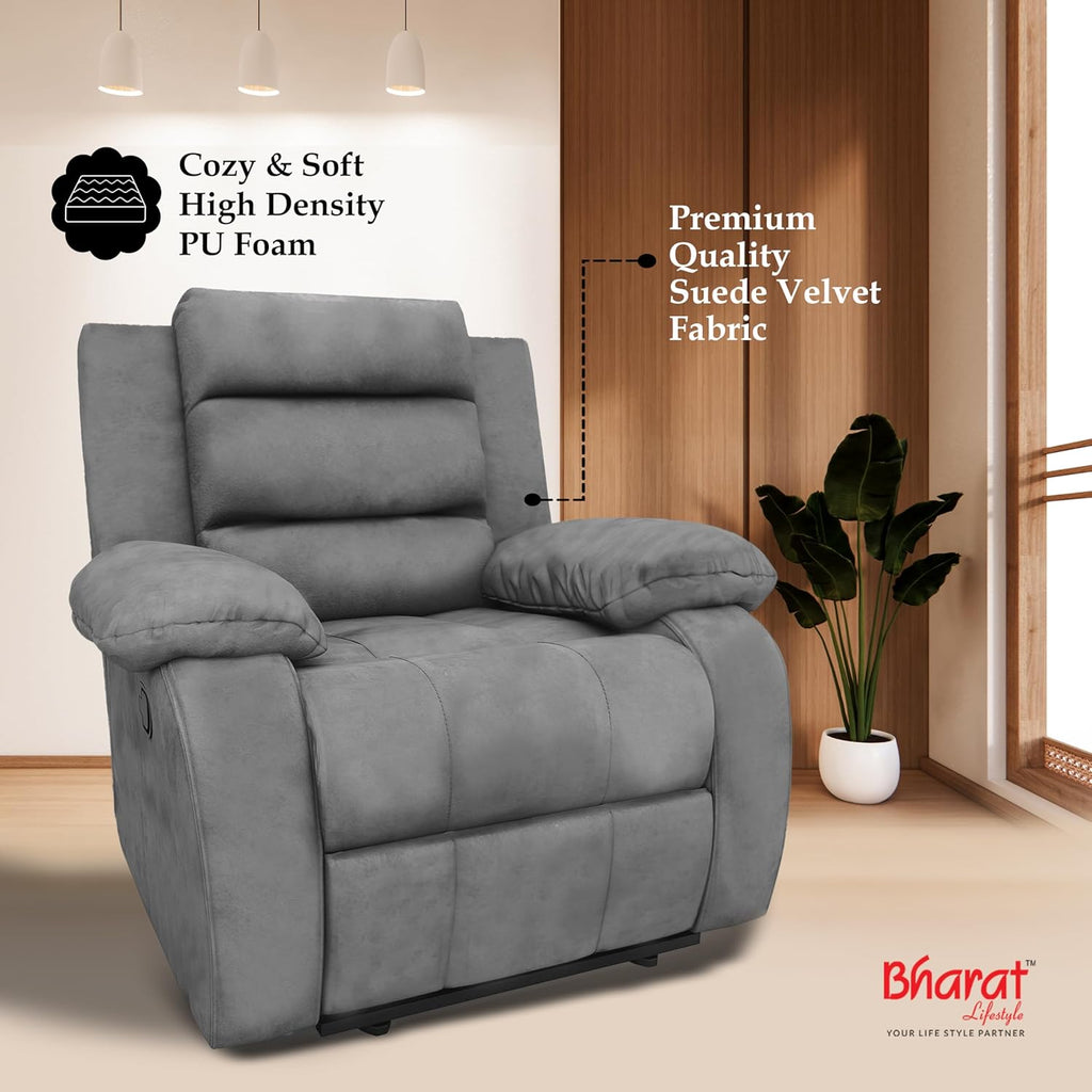 Bharat Lifestyle Austin Manual Recliner | 1 Seater Chair Sofa | Single Sofa Recliner| 3 Comfort Position | Wooden Frame | Suede Fabric | 1 Seater Recliner for Living Room Bedroom,1 Year Warranty, Grey