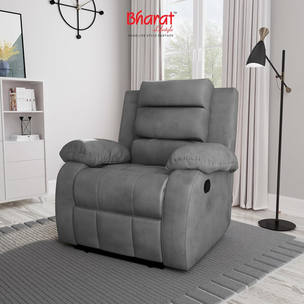 Bharat Lifestyle Austin Manual Recliner | 1 Seater Chair Sofa | Single Sofa Recliner| 3 Comfort Position | Wooden Frame | Suede Fabric | 1 Seater Recliner for Living Room Bedroom,1 Year Warranty, Grey