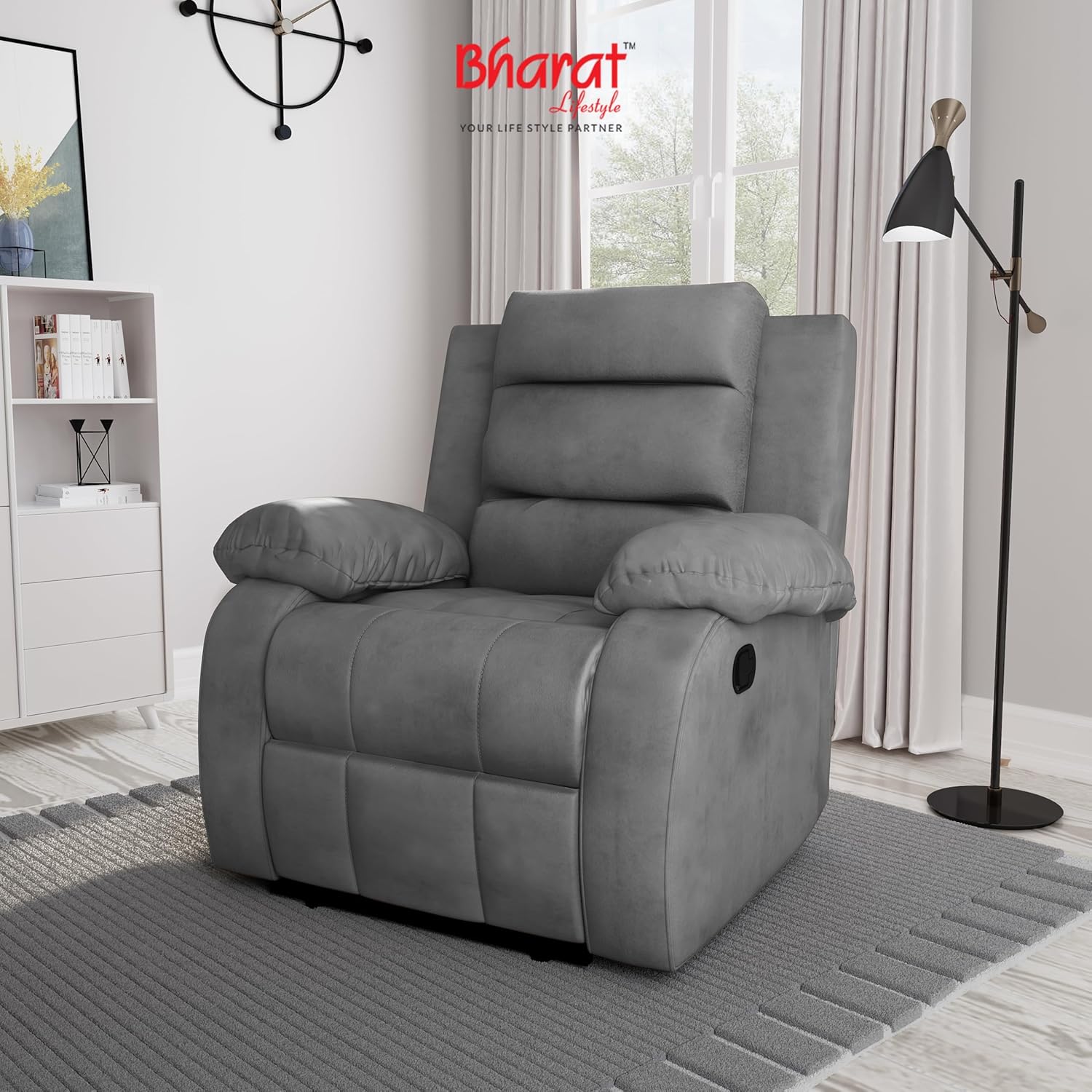 Bharat Lifestyle Austin Manual Recliner | 1 Seater Chair Sofa | Single Sofa Recliner| 3 Comfort Position | Wooden Frame | Suede Fabric | 1 Seater Recliner for Living Room Bedroom,1 Year Warranty, Grey