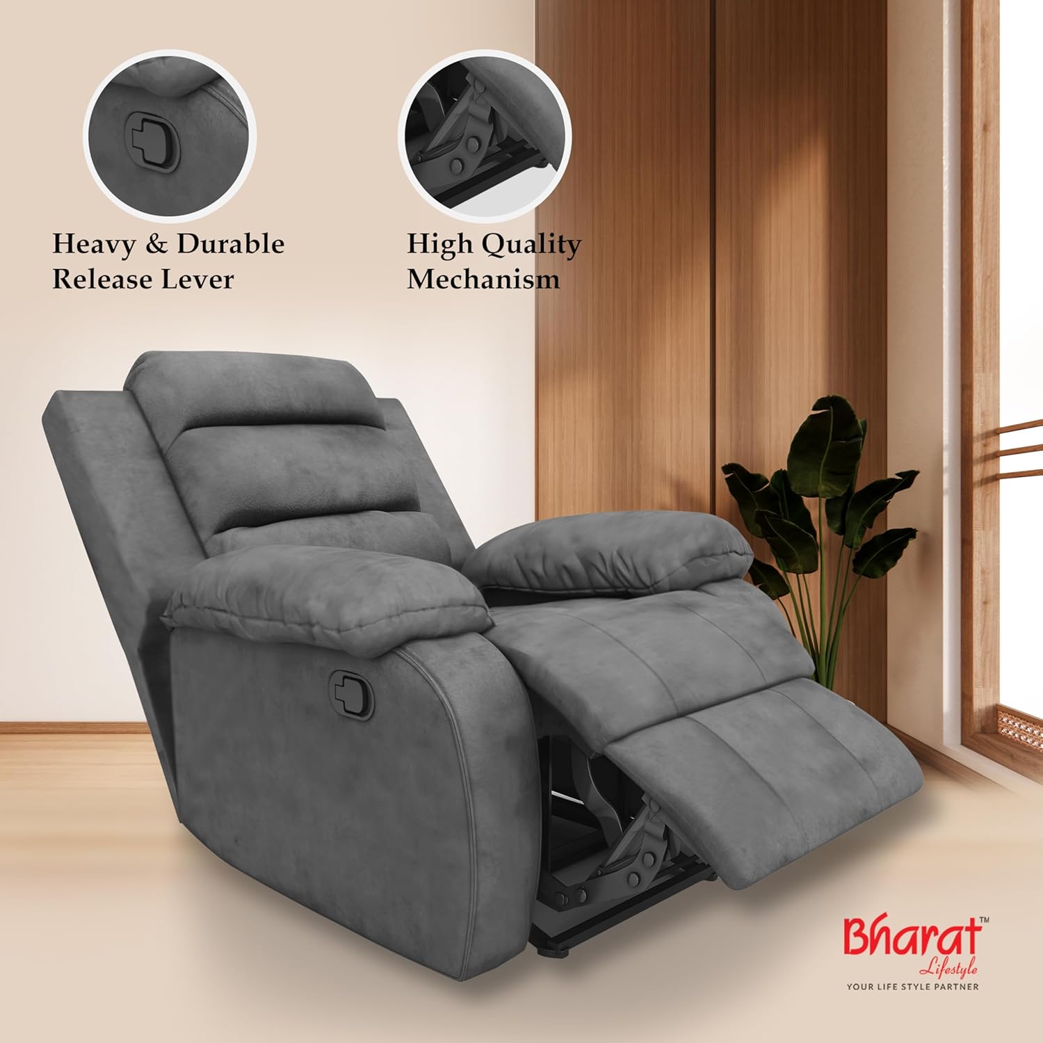 Bharat Lifestyle Austin Manual Recliner | 1 Seater Chair Sofa | Single Sofa Recliner| 3 Comfort Position | Wooden Frame | Suede Fabric | 1 Seater Recliner for Living Room Bedroom,1 Year Warranty, Grey