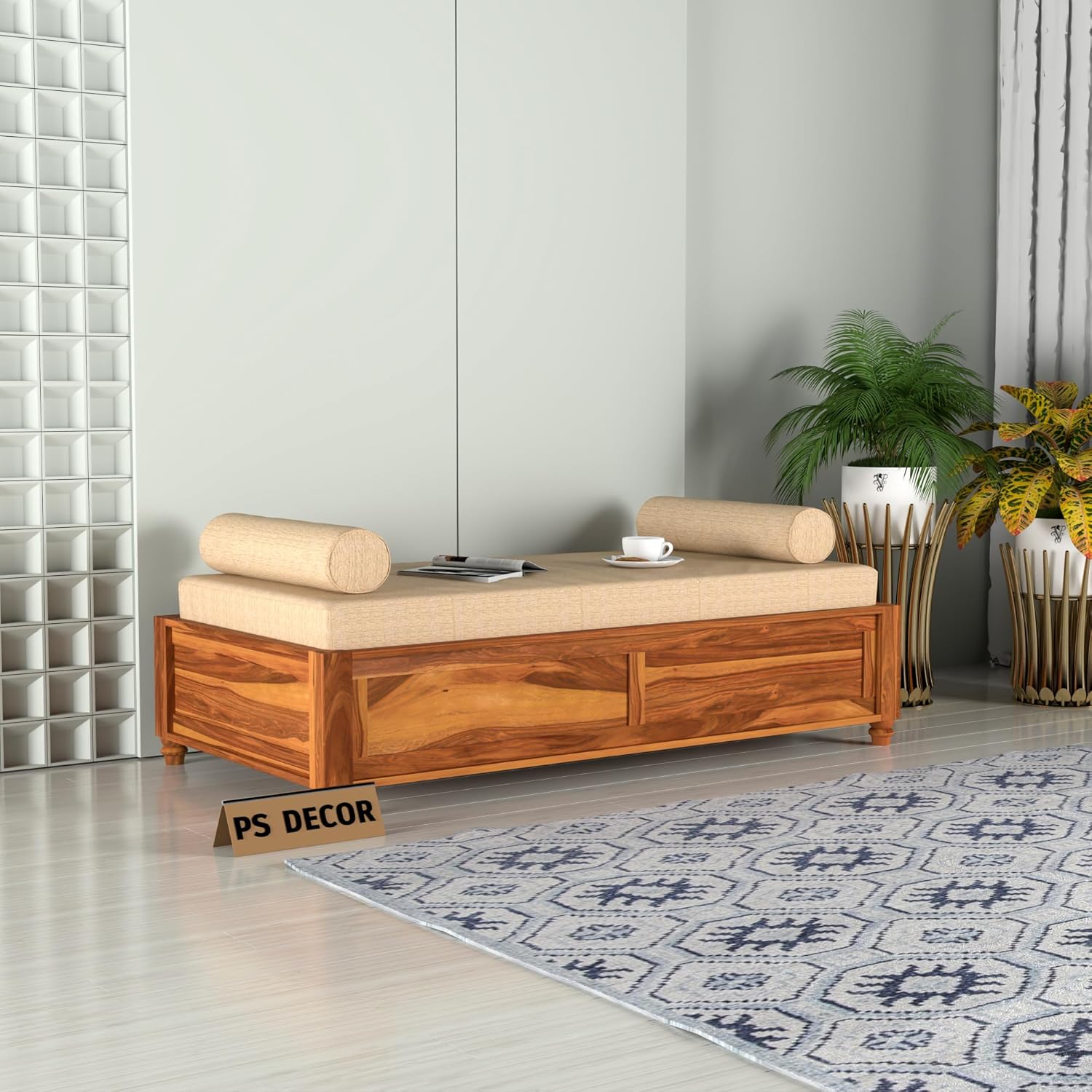 Wood Divana Cot for Home Hall || Diwan Cum Bed with Storage || 3 Seater Sofa Cum Couch || Divan Bed for Living Room || Without Pillow&Mattress (Natural)