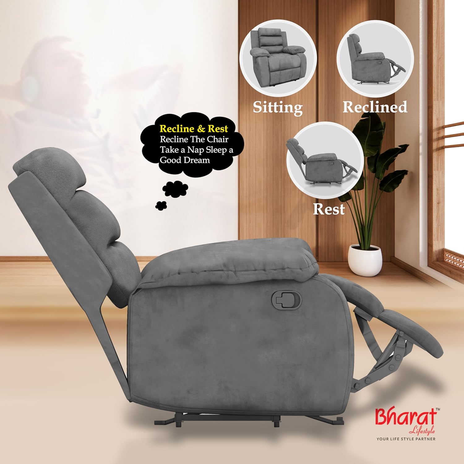 Bharat Lifestyle Austin Manual Recliner | 1 Seater Chair Sofa | Single Sofa Recliner| 3 Comfort Position | Wooden Frame | Suede Fabric | 1 Seater Recliner for Living Room Bedroom,1 Year Warranty, Grey