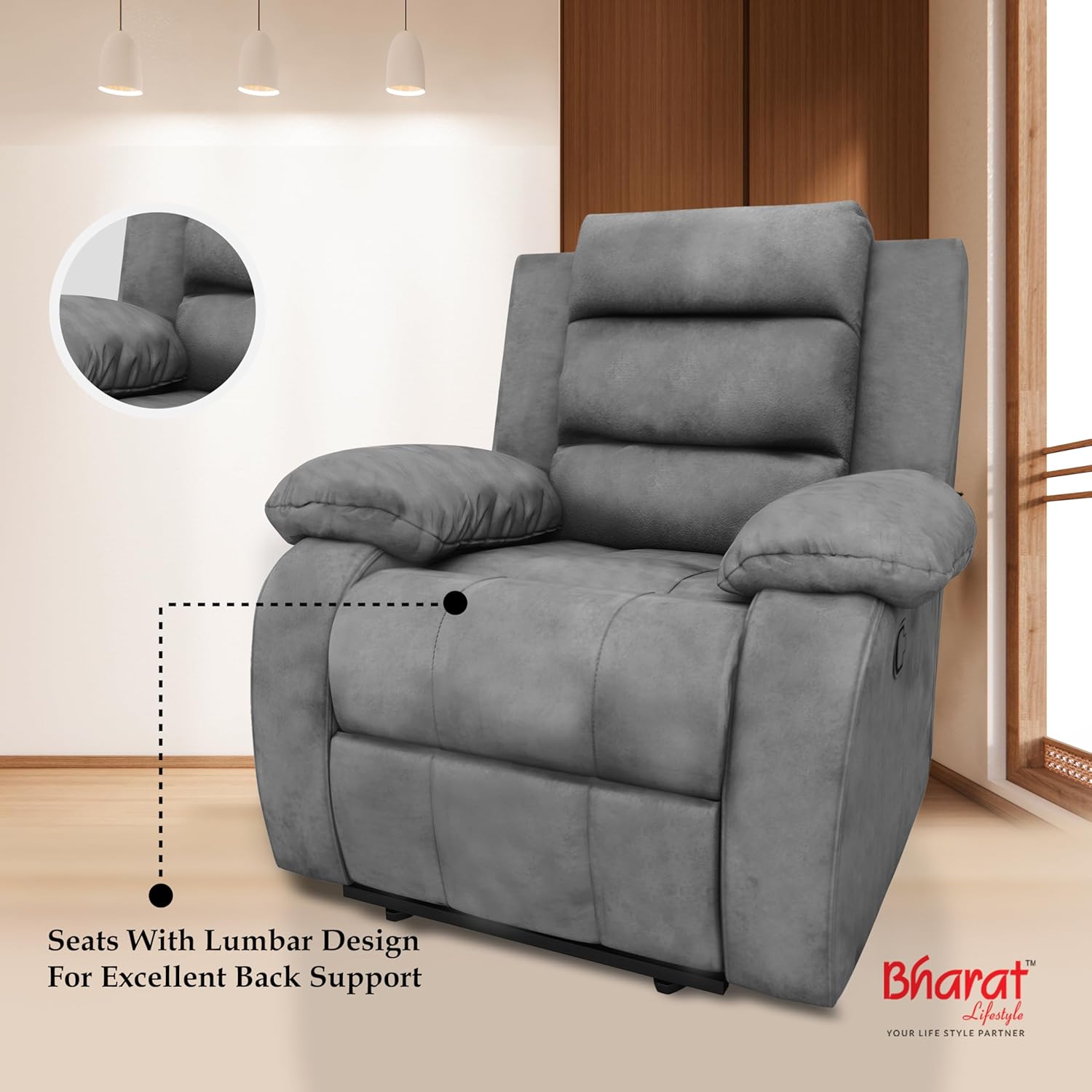 Bharat Lifestyle Austin Manual Recliner | 1 Seater Chair Sofa | Single Sofa Recliner| 3 Comfort Position | Wooden Frame | Suede Fabric | 1 Seater Recliner for Living Room Bedroom,1 Year Warranty, Grey