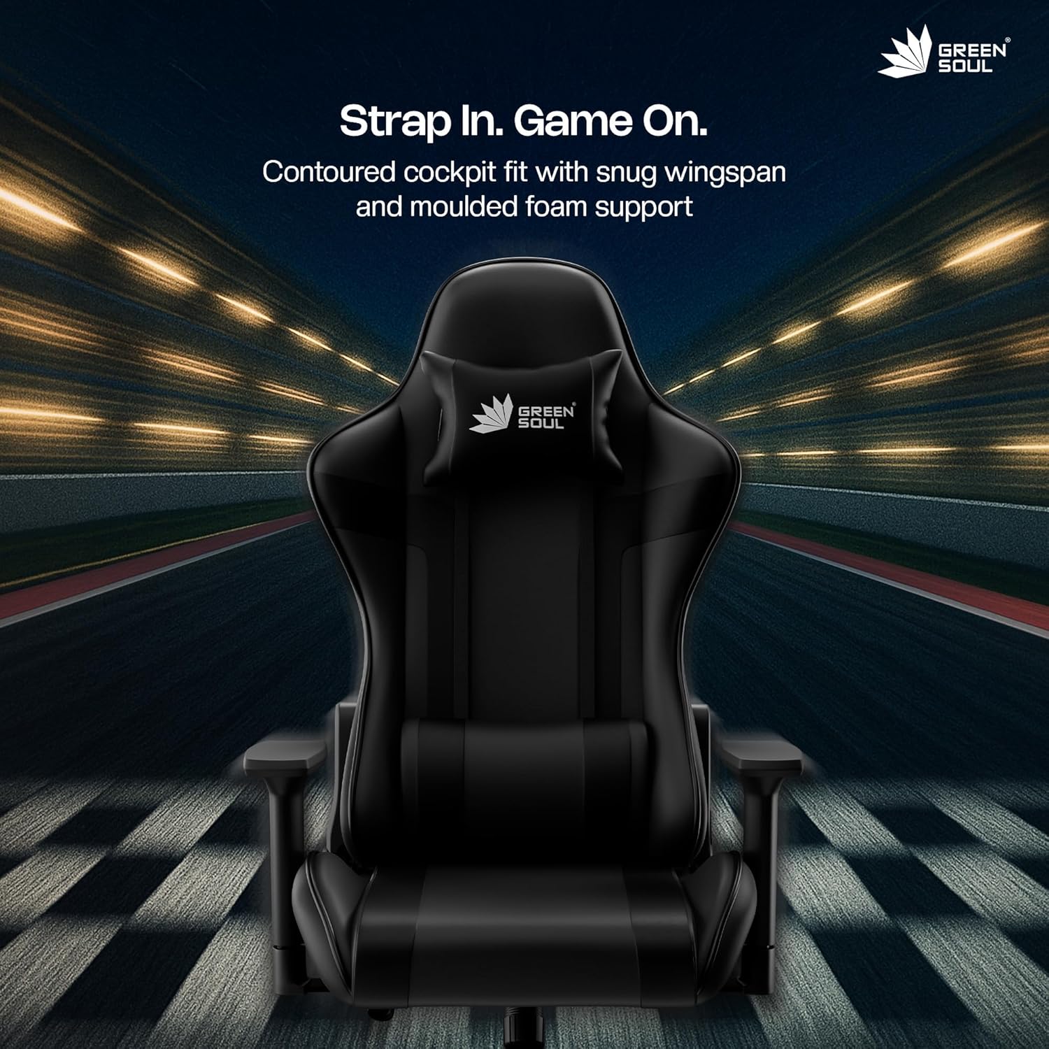 Green Soul Raptor 2.0 Racing Edition Ergonomic Gaming Chair with Premium PU Leather, Adjustable Neck & Lumbar Pillow, 3D Adjustable Armrests & Heavy Duty Nylon Base (Black)