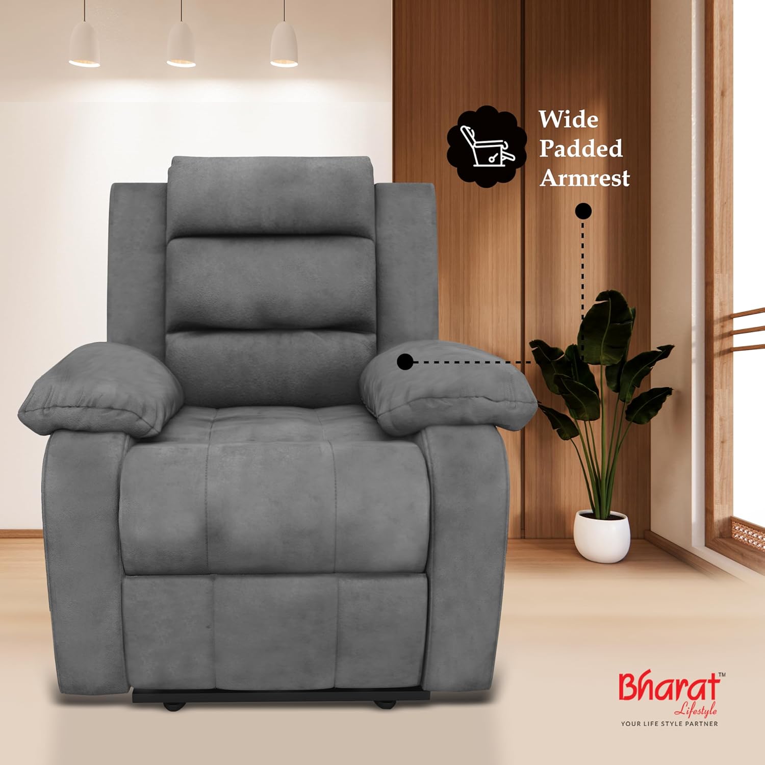 Bharat Lifestyle Austin Manual Recliner | 1 Seater Chair Sofa | Single Sofa Recliner| 3 Comfort Position | Wooden Frame | Suede Fabric | 1 Seater Recliner for Living Room Bedroom,1 Year Warranty, Grey