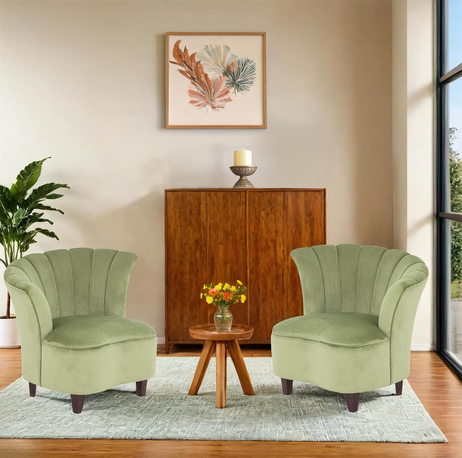 Peachtree Butterfly 1 Seater Chair for Living Room, Mango Wooden Frame & Sheesham Wood Leg | Velvet Fabric Chair for Dining Room | Single Seater Chair | No Armstyle |1 Year Warrranty (Set of 2, Green)