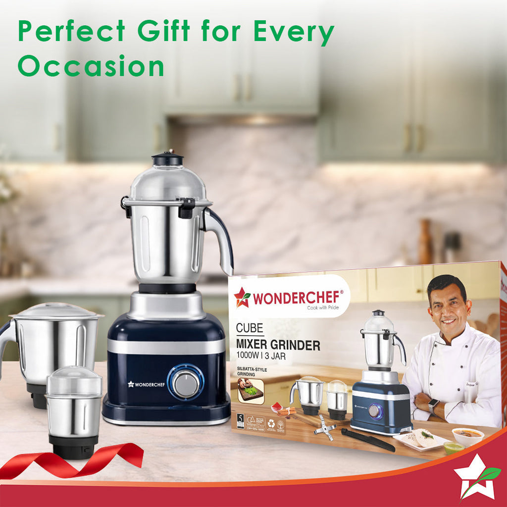 Cube 1000W Mixer Grinder, 3 Jars with Flow Breakers, Special Coarse Blade for Silbatta-style Khada Masala Grinding, Ideal for Grinding, Blending Chutney, Idli/Dosa Batter, 2-Yr Warranty