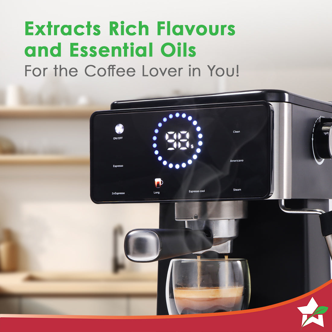 Rinaldi Espresso Coffee Machine | 20-bar Pressure | Digital Display | For Hot & Cold Espresso, Americano | Auto Cleaning | 2 Year Warranty