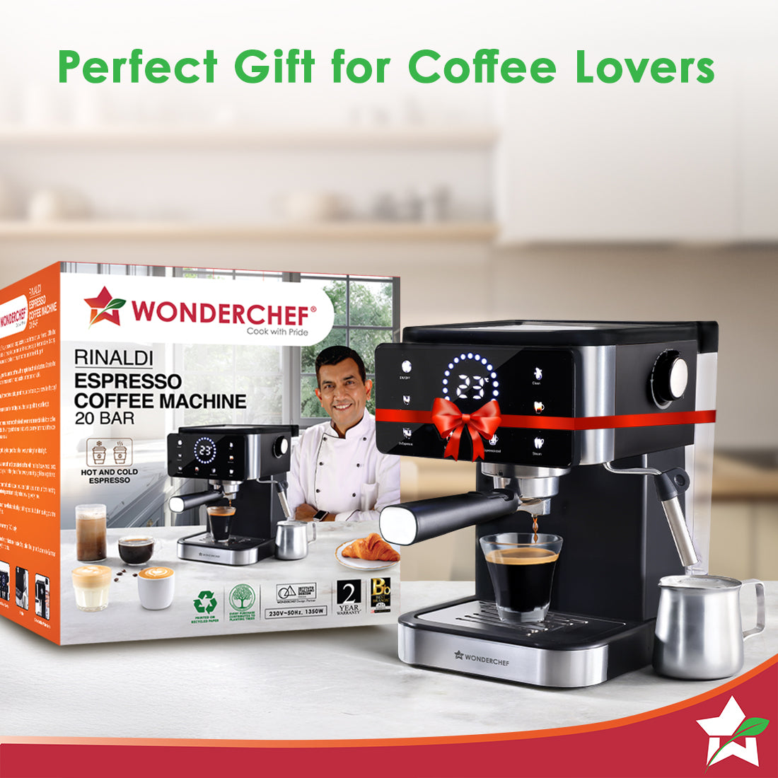 Rinaldi Espresso Coffee Machine | 20-bar Pressure | Digital Display | For Hot & Cold Espresso, Americano | Auto Cleaning | 2 Year Warranty
