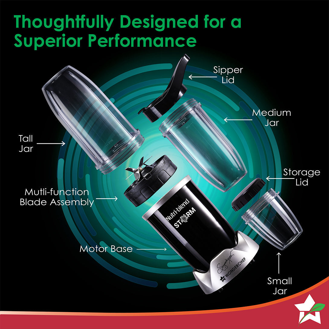 Nutri-blend Storm 1200W | 100% Copper Motor | Sharp 6-wing Stainless Steel Blade | Masalas, Chutney, Nuts, Crush Ice | 2 Jars | 22000 RPM | Sipper Attachment | 2 Year Warranty