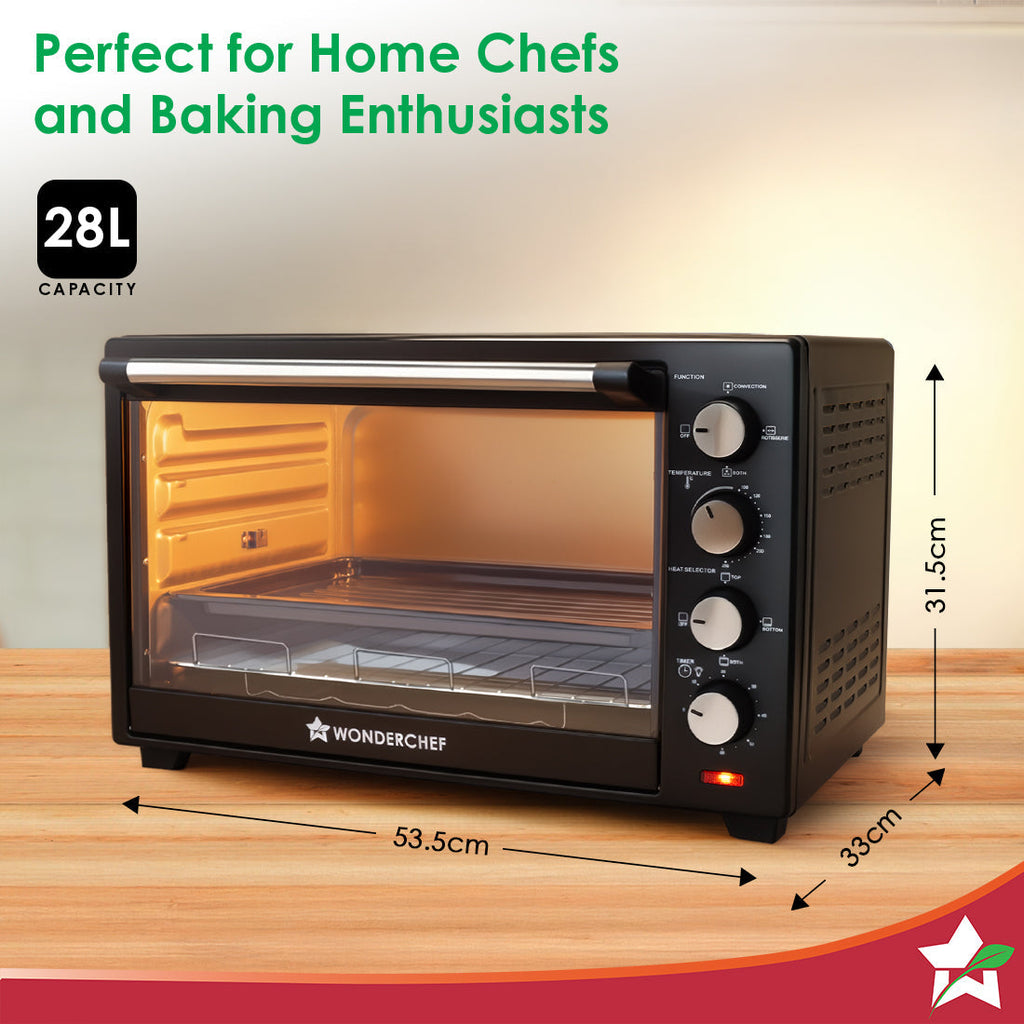 Oven Toaster Griller (OTG) - 28 Litres, Black - with Rotisserie,Auto-shut off, heat-resistant tempered glass, Multi-stage heat selection