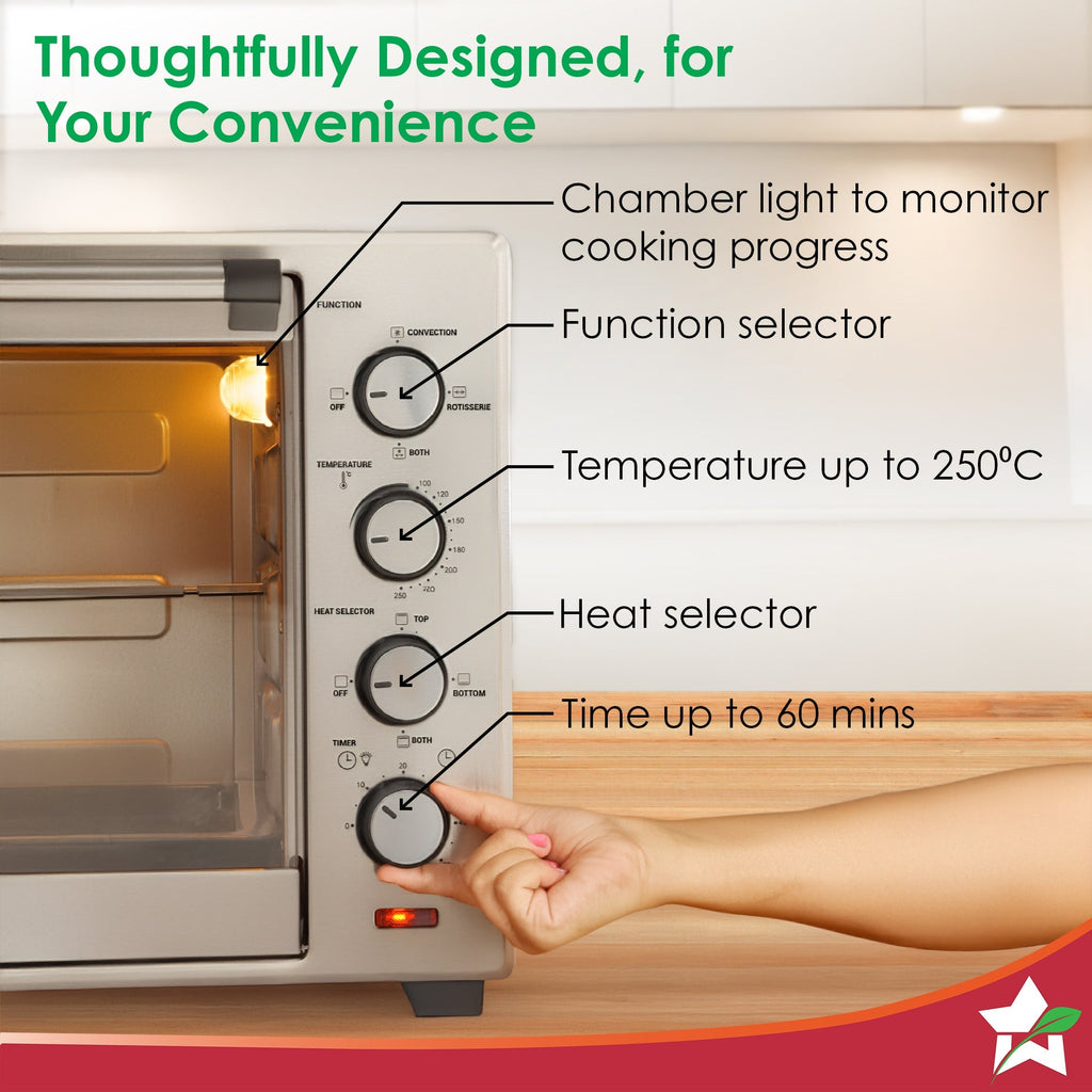Oven Toaster Griller (OTG) - 60 Litres, Stainless Steel – with Rotisserie, Auto-shut off, heat-resistant tempered glass, 6-stage heat selection