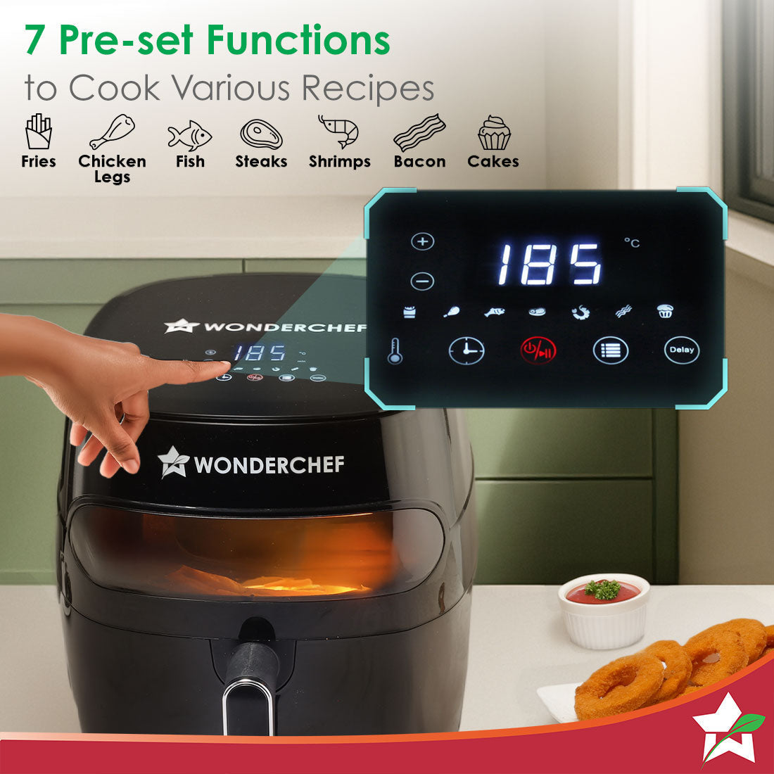 Wonderchef Renewed Swift Digital Air Fryer with Window | 1350W, 6 Litres | Rapid Air Technology | 7 Pre-set Functions | Non-stick Basket | Auto Shut-off | Touch Screen | Fry, Bake, Grill, Roast | 1-Year Warranty | Black