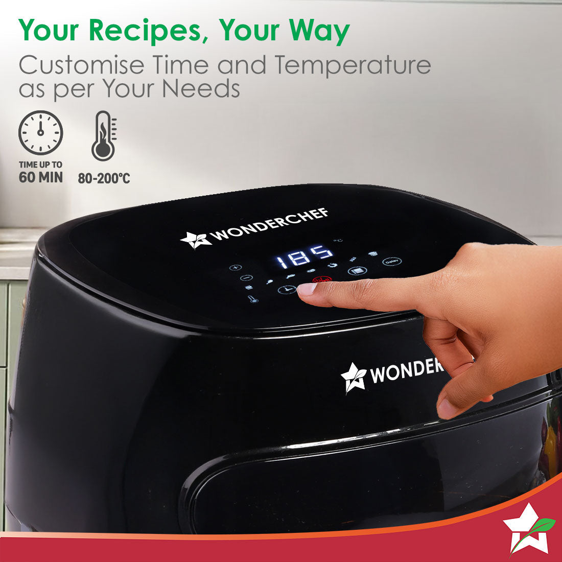 Wonderchef Renewed Swift Digital Air Fryer with Window | 1350W, 6 Litres | Rapid Air Technology | 7 Pre-set Functions | Non-stick Basket | Auto Shut-off | Touch Screen | Fry, Bake, Grill, Roast | 1-Year Warranty | Black