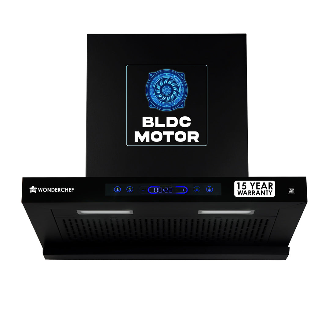 Ultra Sleek 60cm Filterless Auto-clean Kitchen Chimney with Oil Collector, BLDC Motor, Suction 1800 m3/hr, Motion Sensor + Touch Control, 15-Yr Warranty on Motor & 5-Yr Comprehensive, Black