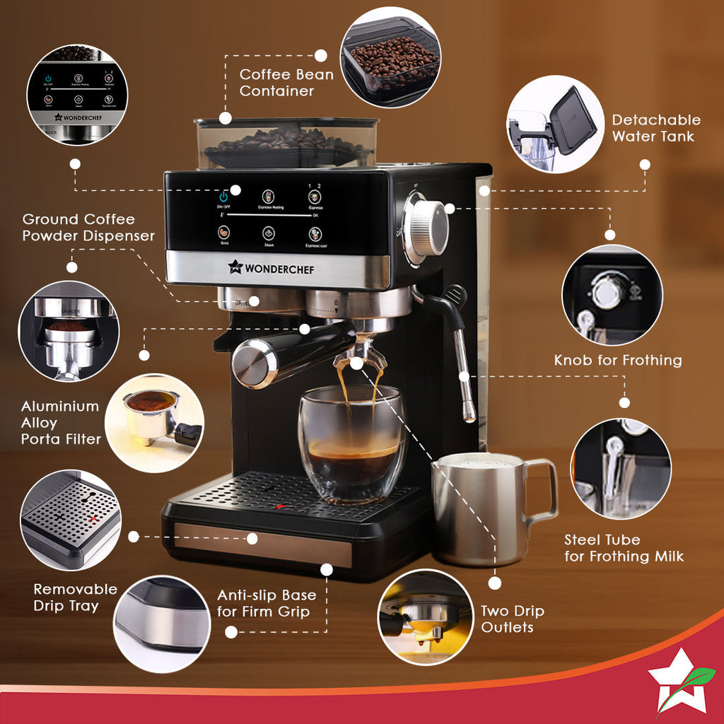 Regalia Espresso Machine & Coffee Grinder, 20-bar Pressure, Café-style Espresso, Hot & Cold Brew, 20 Grinding Options, 2-Yr Warranty