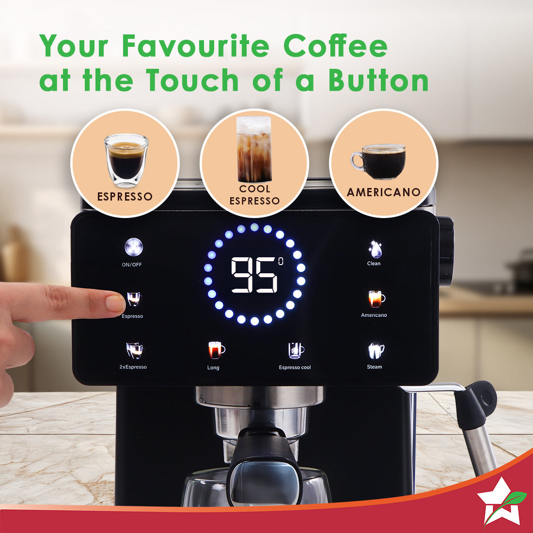 Rinaldi Espresso Coffee Machine | 20-bar Pressure | Digital Display | For Hot & Cold Espresso, Americano | Auto Cleaning | 2 Year Warranty