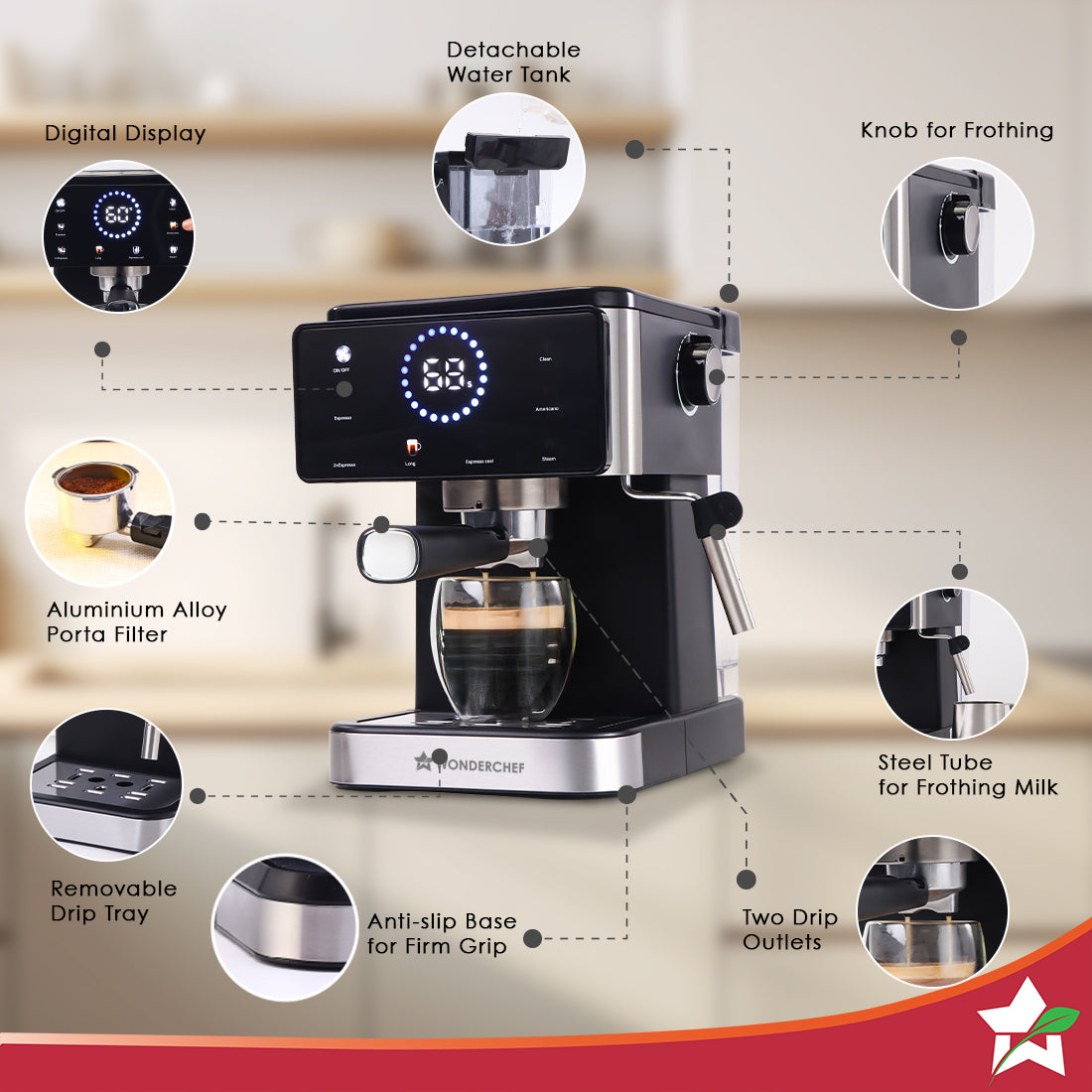 Rinaldi Espresso Coffee Machine | 20-bar Pressure | Digital Display | For Hot & Cold Espresso, Americano | Auto Cleaning | 2 Year Warranty